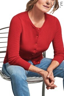Pure Collection Red Crew Neck Cashmere Cardigan