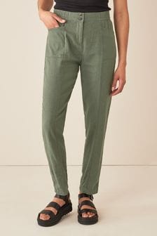 Khaki Green Linen Blend Taper Trousers (T20513) | £20