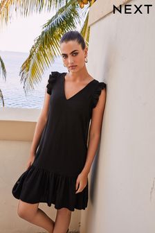 Black Ruffle Sleeve Tie Back Mini Dress With Linen (T20581) | £26