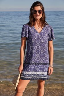 Blue Print Linen Blend Kaftan Summer Dress (T20582) | £32