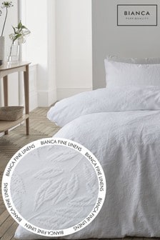 Bianca White Matelasse Jacquard Leaves 200 Thread Count 100% Cotton Duvet Cover and Pillowcase Set
