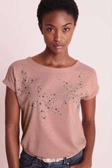 Blush Pink Studded Stars Curved Hem T-Shirt (T22582) | £20