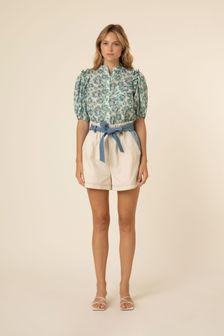 Frnch Green Floral Print Ruffle Detail Blouse