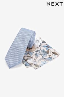 Light Blue/Brown Floral Slim Tie And Pocket Square Set (T28285) | £16