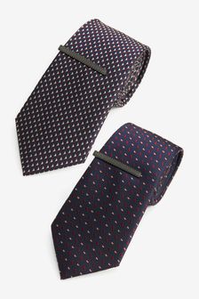 Textured Ties 2 Pack With Tie Clip