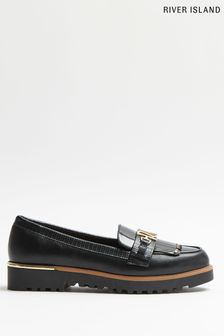 River Island Black W Branded Loafers