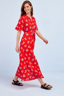 Red Floral Angel Sleeve Midi Shirt Dress (T34234) | £54