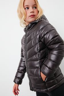 BNWT NEXT Girls dark grey embellished  Padded  winter jacket shower resistant 