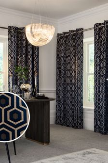Navy Blue Collection Luxe Hexgon Geometric Eyelet Curtains