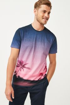 Coral Pink Palm Print Dip Dye T-Shirt (T41728) | £18