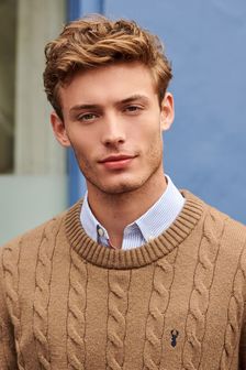 Camel Brown Crew Neck Chunky Cable Jumper (T43670) | £34
