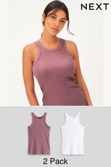 White/Pink High Neck Ribbed Vest Tops 2 Pack (T44346) | £24