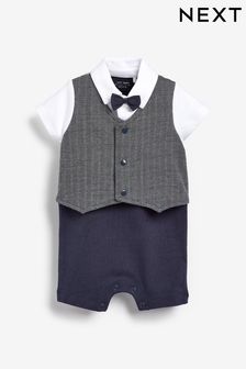 Grey/White Smart Bow Tie And Waistcoat Romper (0mths-2yrs) (T44362) | £14 - £16