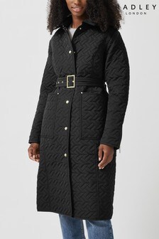 Radley London Black Longline Geo Quilted Hooded Coat