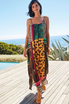 Brown/Orange Patch Print Strappy Satin Cami Summer Dress (T46754) | £28