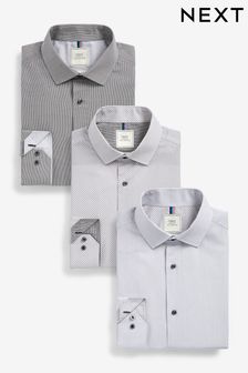 Grey Print Stripe Slim Fit Single Cuff Shirts 3 Pack (T47255) | £58