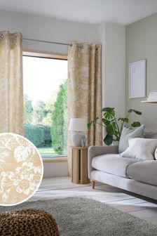 Ochre Yellow Etched Tropical Floral Eyelet Curtains
