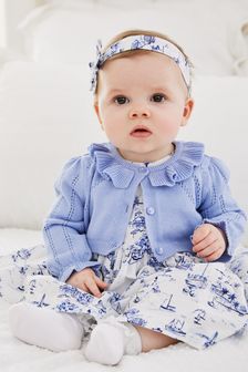 Blue/White Floral 4 Piece Baby Prom Dress, Cardigan, Knicker And Headband Set (0mths-2yrs) (T49520) | £28 - £30