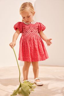 Red Ditsy Lace Collar Shirred Cotton Dress (3mths-8yrs) (T50610) | £21 - £25
