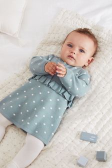 Teal Blue Spot Knitted Frill Baby Dress (0mths-2yrs) (T53791) | £16 - £18