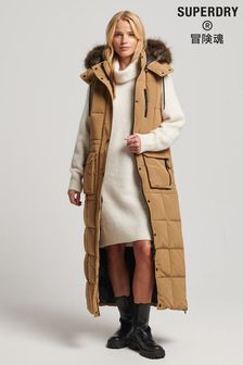 Kraftd Women's Gilet Longline Sleeveless Hooded Padded Gilets Bodywarmer Long Coat With Detachable Fur Trim Hood 