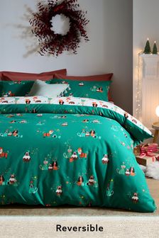 Green Reversible Christmas Party Dogs Duvet Cover and Pillowcase Set (T56371) | £15 - £45