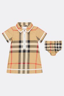 Burberry Kids Baby Girls Cotton Check Dress With Knickers In Beige