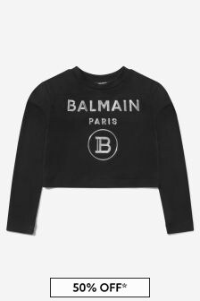 Balmain Girls Black Cotton Long Sleeve Logo T-Shirt