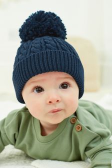 Navy Blue Knitted Baby Pom Hat (0mths-2yrs) (T60441) | £6