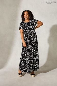 Live Unlimited Curve Black Linear Floral Print Cap Sleeve Maxi Dress (T60920) | £55