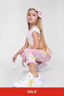 Monnalisa Girls Leather Lace-Up Tweety Trainers in Ivory