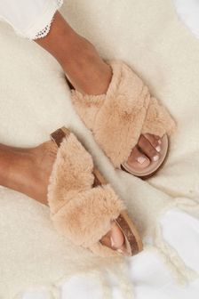 Cream Recycled Faux Fur Cork Crossover Slippers (T62815) | £8.50