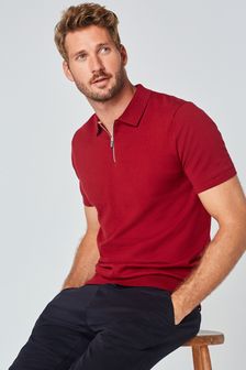 Red Knitted Zip Polo Shirt (T62920) | £24