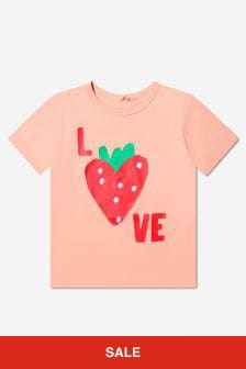 Stella McCartney Kids Girls Cotton Love Strawberry Heart T-Shirt in Pink
