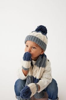 Cream/Navy Blue Hat, Mittens And Scarf Set (3mths-10yrs) (T63802) | £15 - £17