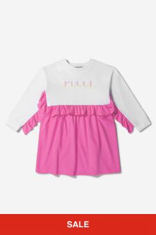 Emilio Pucci Girls Cotton Ruffle Trim Logo Dress in Pink