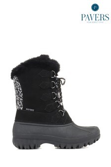 Pavers Ladies Black Lace Up Snow Boots