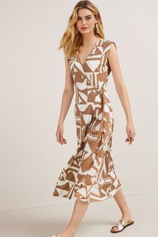 Neutral Brown Print Sleeveless Wrap Midi Summer Dress (T67616) | £46
