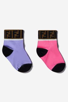 Fendi Kids Unisex Cotton Logo Trim Socks 2 Pack Set in Lilac