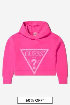 Guess Girls Logo Print Cropped Hoodie in Pink