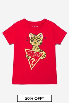 Guess Girls Cotton Cat Logo T-Shirt in Red