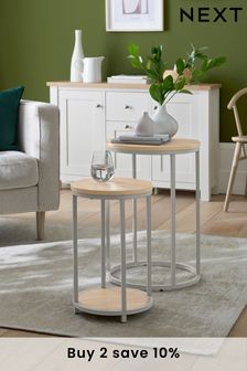Dove Grey Malvern Oak Effect Round Set of 2 Nest of Tables (T69030) | £150