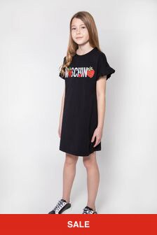 Moschino Kids Girls Cotton Fruit Logo Dress in Black