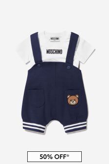 Moschino Kids Baby Unisex Cotton T-Shirt And Dungarees Set in Navy