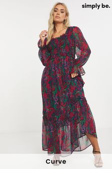 Simply Be Red Floral Print Tiered Shirred Maxi Dress
