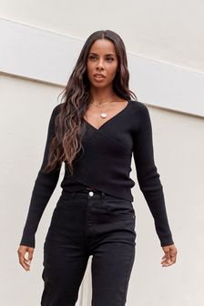 Black V-Neck Wrap Front Rib Knitted Top (T69788) | £35