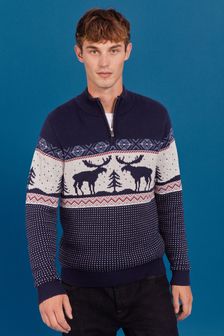 Navy Blue Moose Zip Neck Knitted Christmas Jumper (T70604) | £36