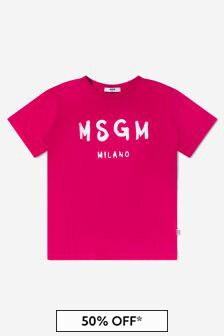 MSGM Kids Cotton Jersey Logo Print T-Shirt in Fuchsia