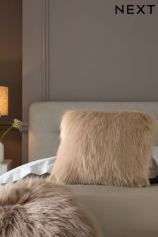 Mink Brown Long Faux Fur Square Cushion (T70898) | £18
