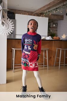 Red/Navy Blue Kids Matching Family Patchwork Christmas Jumper Dress (3-16yrs) (T70988) | £18 - £23